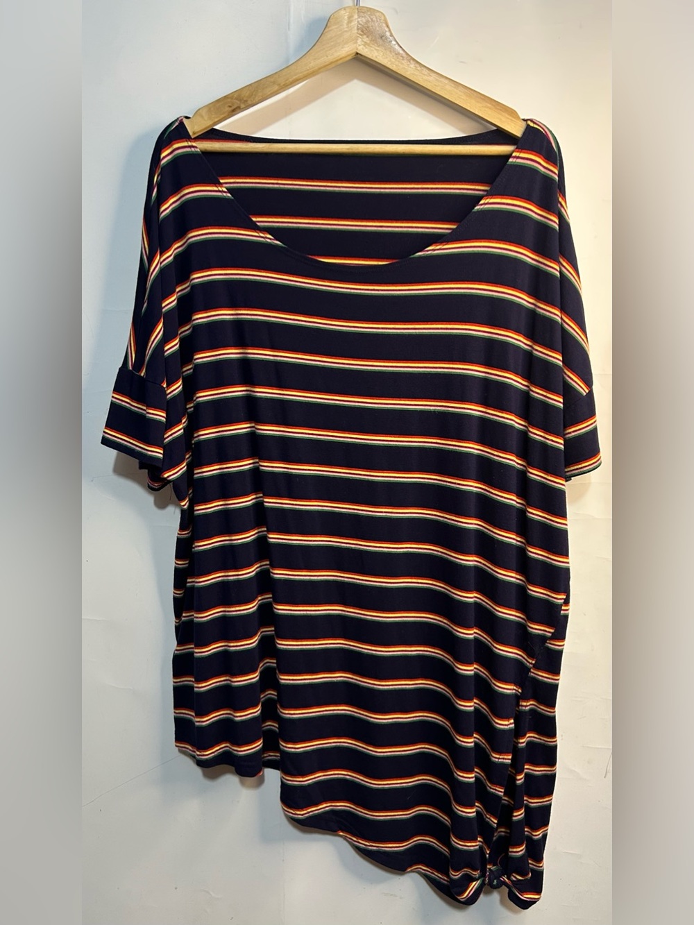 2XL Navy Striped Asymmetrical Tie Side T-Shirt